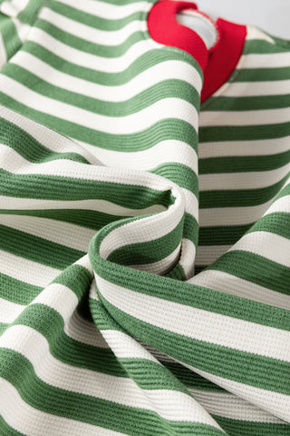 Green Stripe Short Puff Sleeve Contrast Trim Round Neck Tee