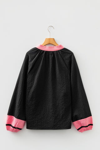 Black Color Block Patchwork Detail V Neck Textured Long Sleeve Blouse