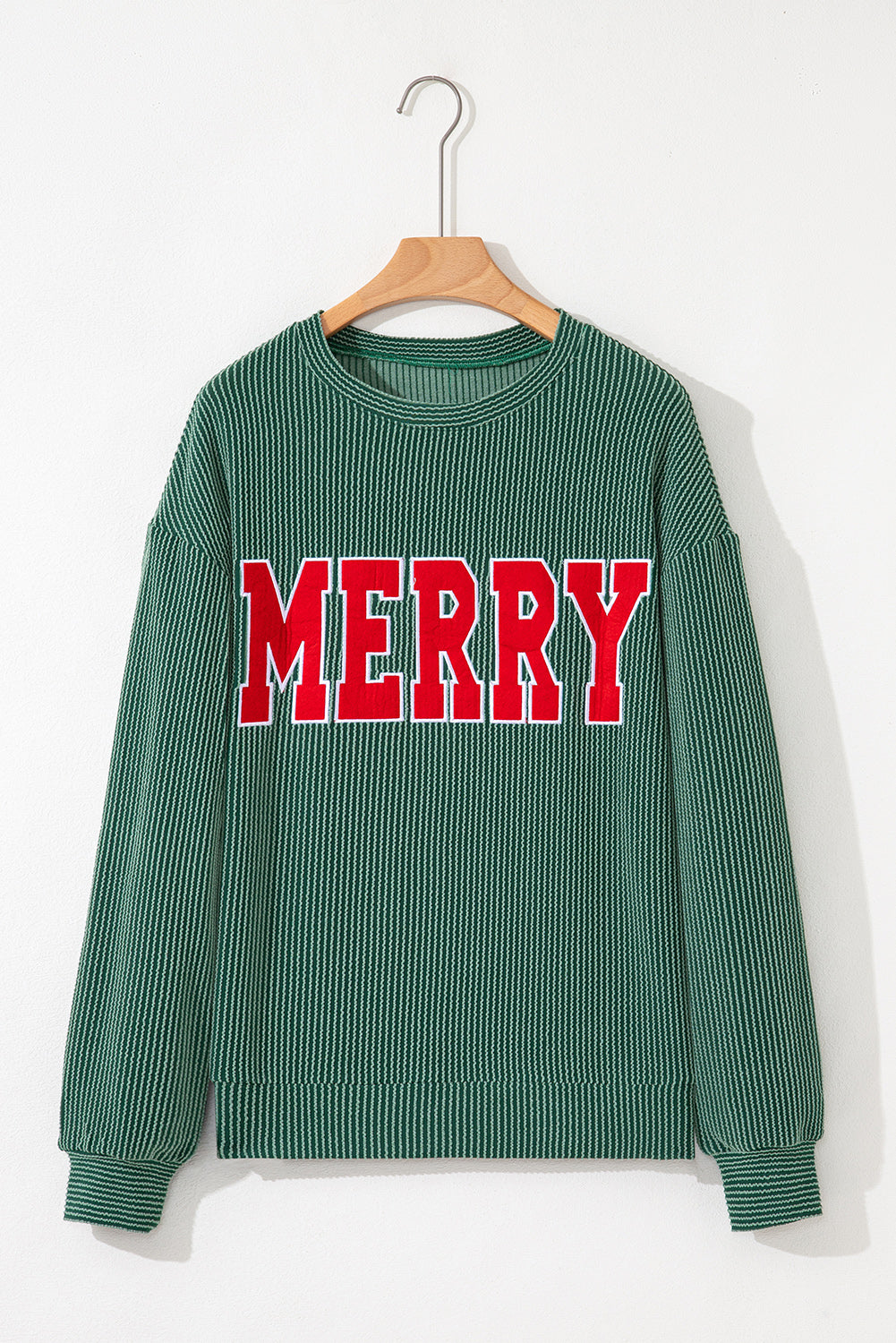 Blackish Green Twisted Rib Outlined Merry Letter Graphic Loose Long Sleeve Top