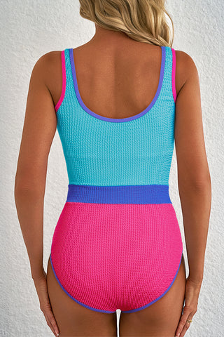 Iceland Blue Textured Color Block Patchwork One Piece Swimsuit