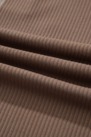 Dark Khaki V Neck Ribbed Stitched Detail Long Sleeve Top
