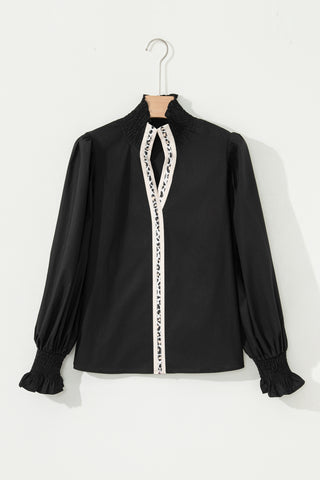 Black Puffy Flounce Sleeve Leopard Trim V Neck Blouse