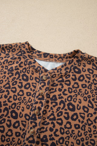 Brown Leopard Print Long Sleeve Henley Top Elastic Waist Shorts 2pcs Outfit