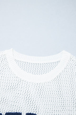 White Chenille BEACH Lettering Hollow Out Knit Casual Sweater