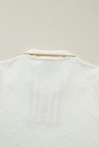 White Textured Knit Contrast Striped Accent Zipped Collar Pullover Top