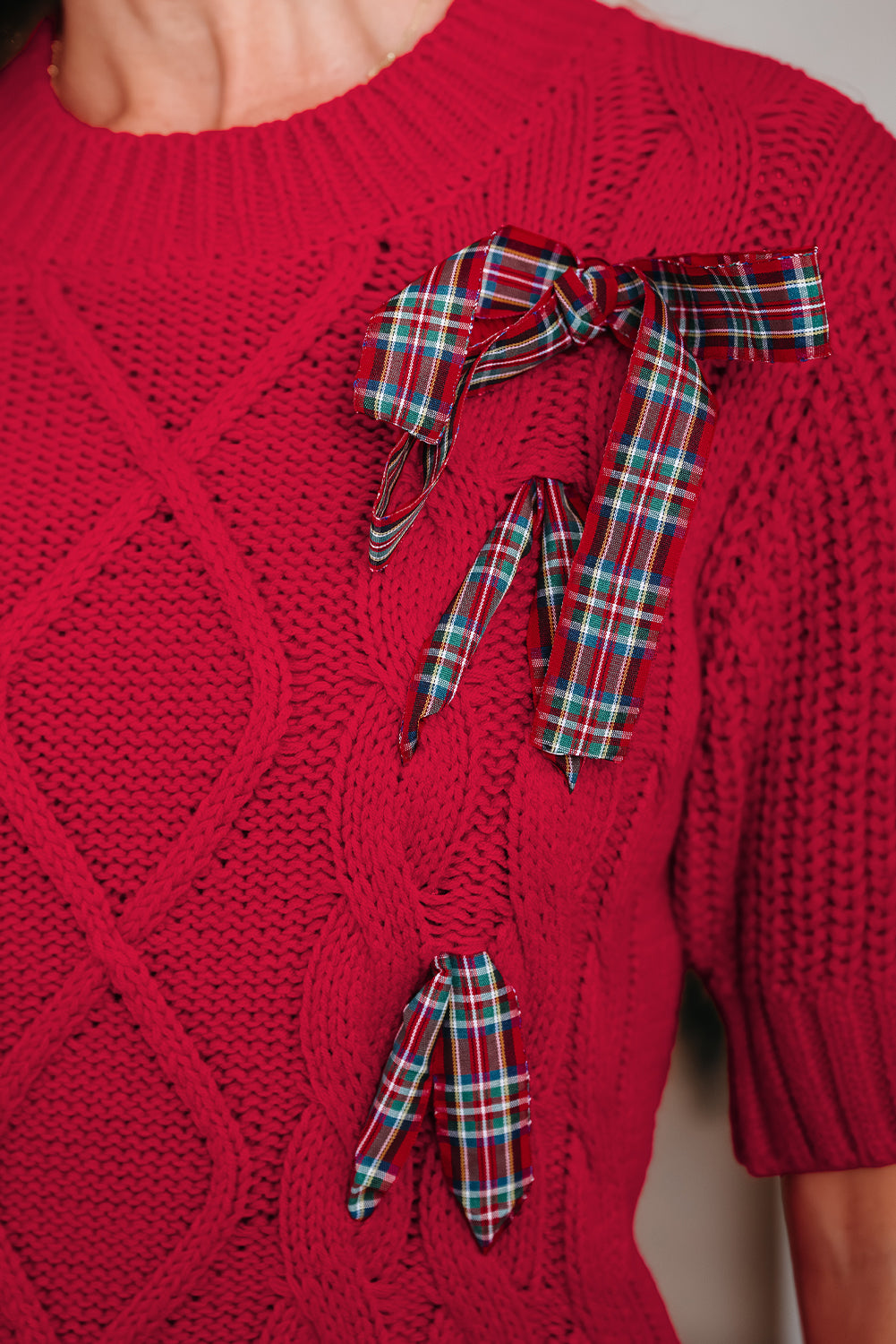 Black Plaid Lace up Detail Christmas Holiday Puff Short Sleeve Sweater