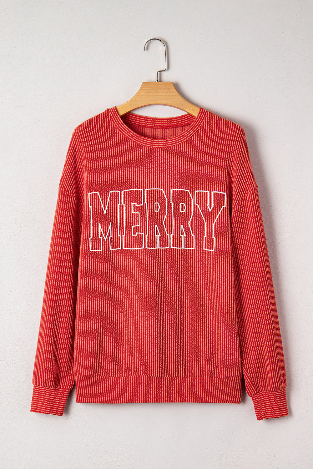 Blackish Green Twisted Rib Outlined Merry Letter Graphic Loose Long Sleeve Top