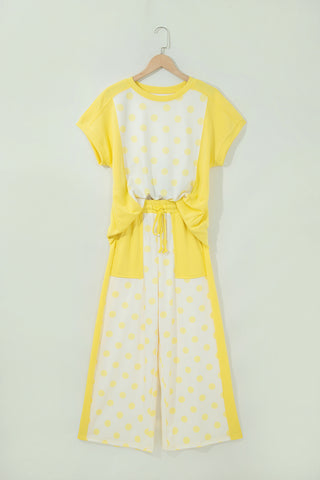 Green Color Block Patchwork Polka Dot Wide Leg Pant Set