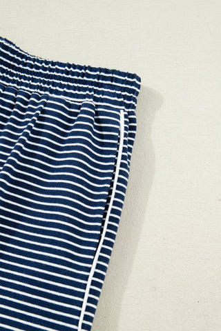 Blue Stripe Drop Shoulder Round Neck Long Sleeve Tee and Buttoned Shorts 2pcs Lounge Set