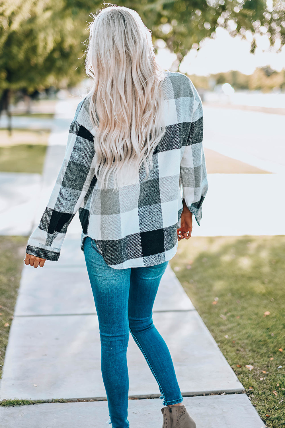 Purple Plaid Color Block Buttoned Long Sleeve Jacket with Pocket