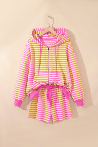 Rose Red Striped Long Sleeve Zip-Up Hoodie Drawstring Elastic Waist 2pcs Short Set