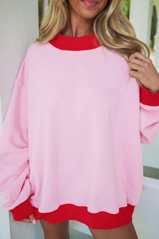 Grapefruit Orange Colorblock Trim Crewneck Long Sleeve Pullover Sweatshirt