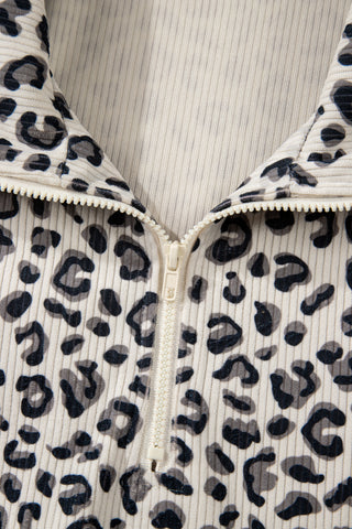 Brown Leopard Print Quarter Zip Corduroy Sweatshirt