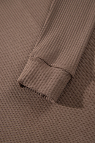 Dark Khaki V Neck Ribbed Stitched Detail Long Sleeve Top