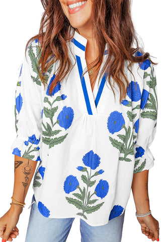 Green Casual Wild Flower Print V Neck 3/4 Sleeve Blouse