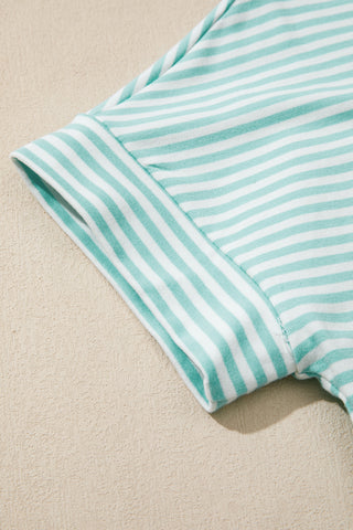 Sky Blue Stripe Cuffed Sleeve Contrast Mock Neck Tee Casual 2pcs Short Set