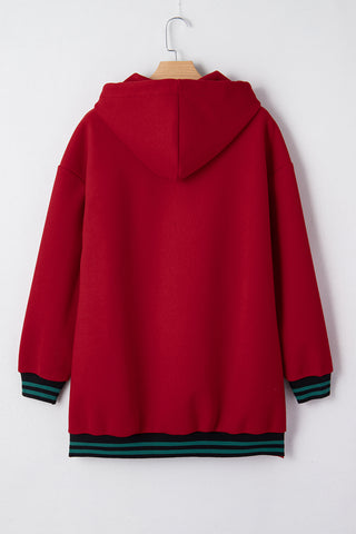 Racing Red Contrast Cuffed Drop Shoulder Zip up Tunic Hoodie