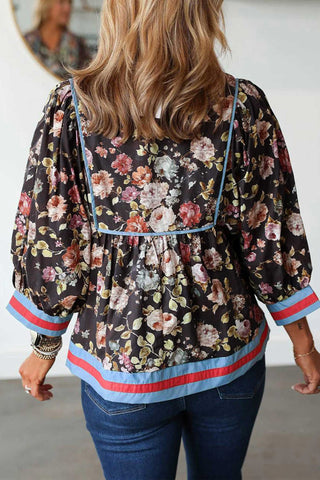 Black Floral Print Contrast Trim Tie V Neck Bracelet Sleeve Blouse