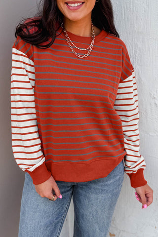 Orange Stripe Contrast Sleeve Patchwork Drop Shoulder Long Sleeve Sweatshirt