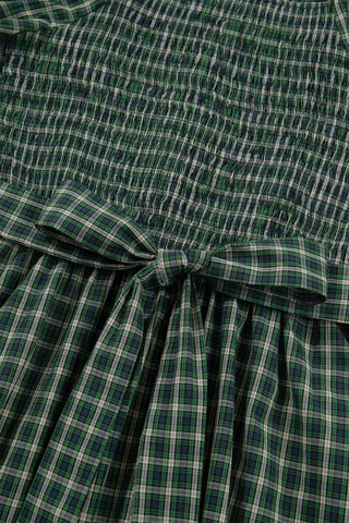Green Plaid Square Neck Shirred High Waist Ruffle Hem Dress