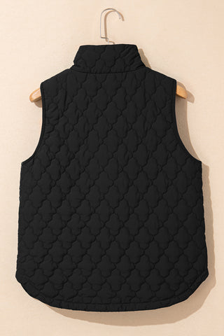 Black Flower Shape Quilted Snap Button Zip Up Winter Vest