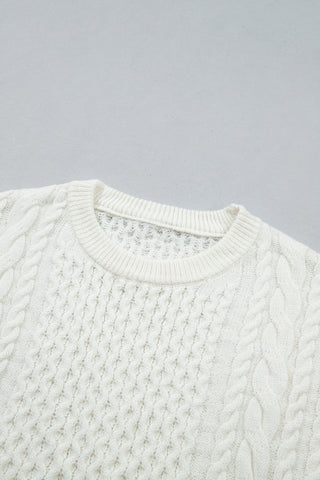 Beige Solid Color Cable Detail Knit Loose Round Neck Sweater