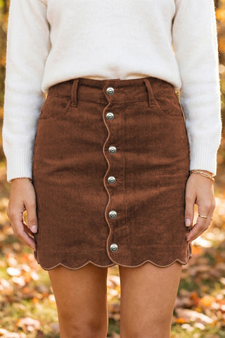 Coffee Button Front Corduroy Mini Pockets Sheath Silhouette Skirt