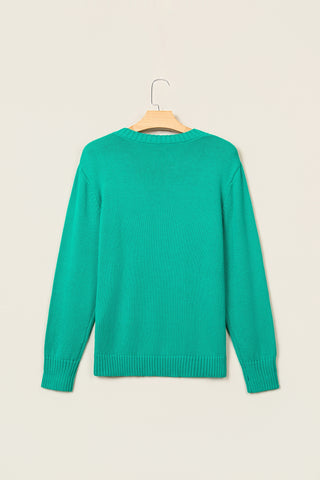 Bright Green Merry Print Ribbed Trim Round Neck Loose Fit Sweater