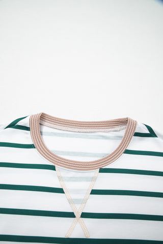 White Stripe Twisted Ribbed Patchwork Drop Shoulder Round Neck Sweatshirt