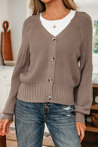 Light Pink Mixed Texture Knit Button V Neck Sweater Cardigan