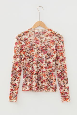 Red Lettuce Trim Floral Print Mesh Long Sleeve Top