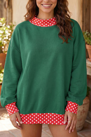 Dark Green Colorblock Polka Dot Contrast Trim Oversized Sweatshirt