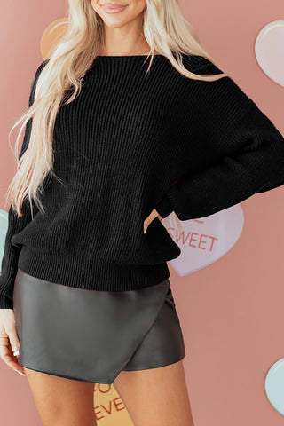 Black Ribbed Knit Ribbon Knot Backless Drop Shoulder Sweater