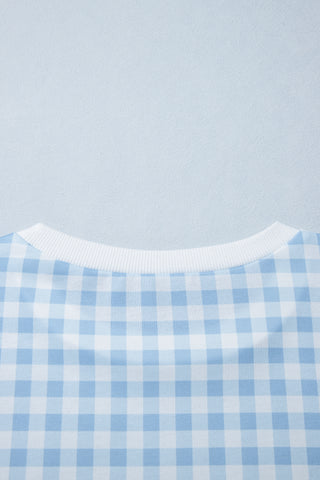 Light Blue Plaid Round Neck Long Sleeve Sweatshirt