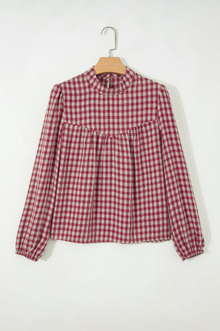 Coral Country Plaid Long Sleeve Button Keyhole Pleated Loose Blouse