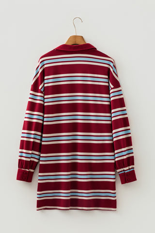 Red Stripe Retro Polo Collar Long Sleeve T Shirt Shift Mini Dress