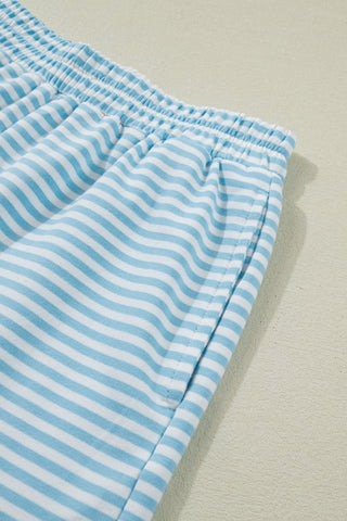 Sky Blue Stripe Cuffed Sleeve Contrast Mock Neck Tee Casual 2pcs Short Set