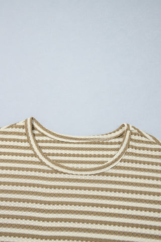 Brown Stripe Textured Knit Long Sleeve Top Elastic Waist Shorts Casual Outfit