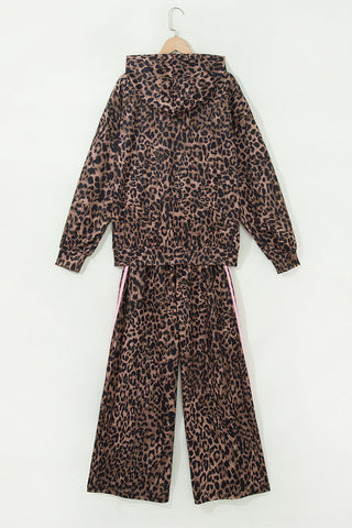 Brown Leopard Print Contrast Striped Detail Long Sleeve Top Pant Set