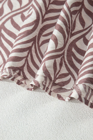 Brown Leaf Print Standing Collar Puff Sleeve Top