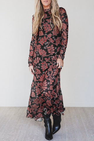 Black Retro Floral Print Long Sleeve Casual Mesh Dress