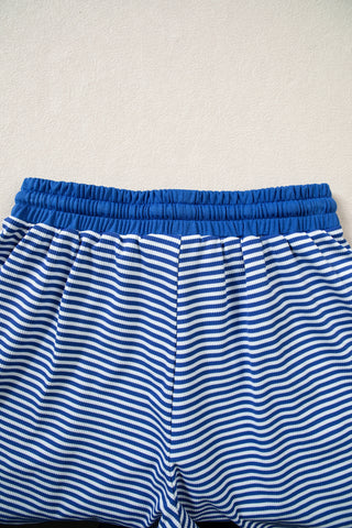 Blue Stripe Oversized Long Sleeve Top Drawstring Loose Shorts 2pcs Set