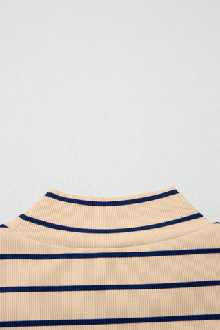 Khaki Stripe Mock Neck Short Sleeve Loose Top