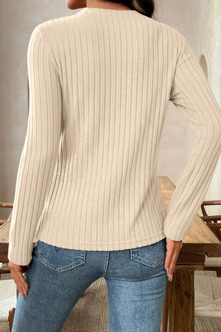 Apricot Solid Color Ribbed Knit Cowl Neck Long Sleeve Top