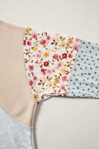 Light Grey Mixed Print Raglan Sleeve Patchwork Exposed Seam Pullover Top