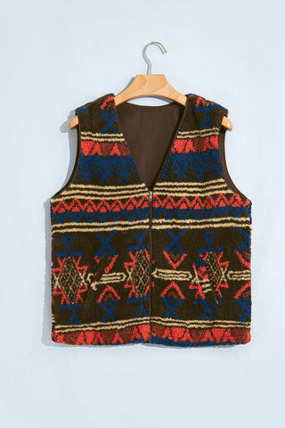 Multicolour Western Print Faux Fur Metal Zipper Insert Pockets Sleeveless Vest