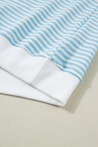 Sky Blue Stripe Cuffed Sleeve Contrast Mock Neck Tee Casual 2pcs Short Set