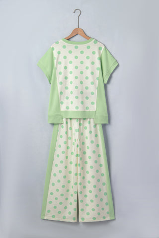 Green Color Block Patchwork Polka Dot Wide Leg Pant Set