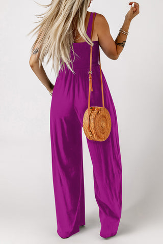 Rose Red Smocked Square Neck Sleeveless Jumpsuit with Pockets