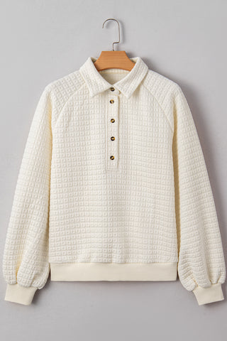 Beige Pineapple Textured Half Button Collared Sweatshirt